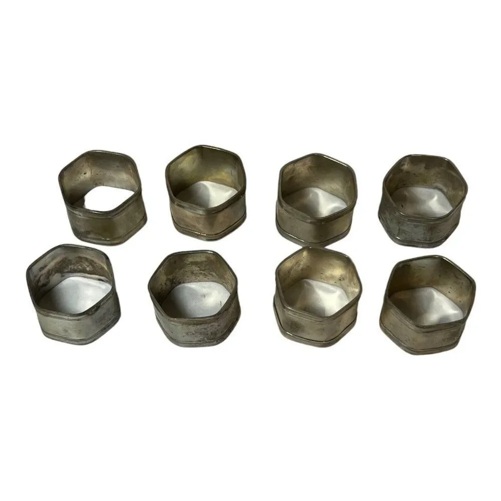 Vintage Set Of 8 Made in India Silver Hexagon Napkin Rings Tabletop Decor READ